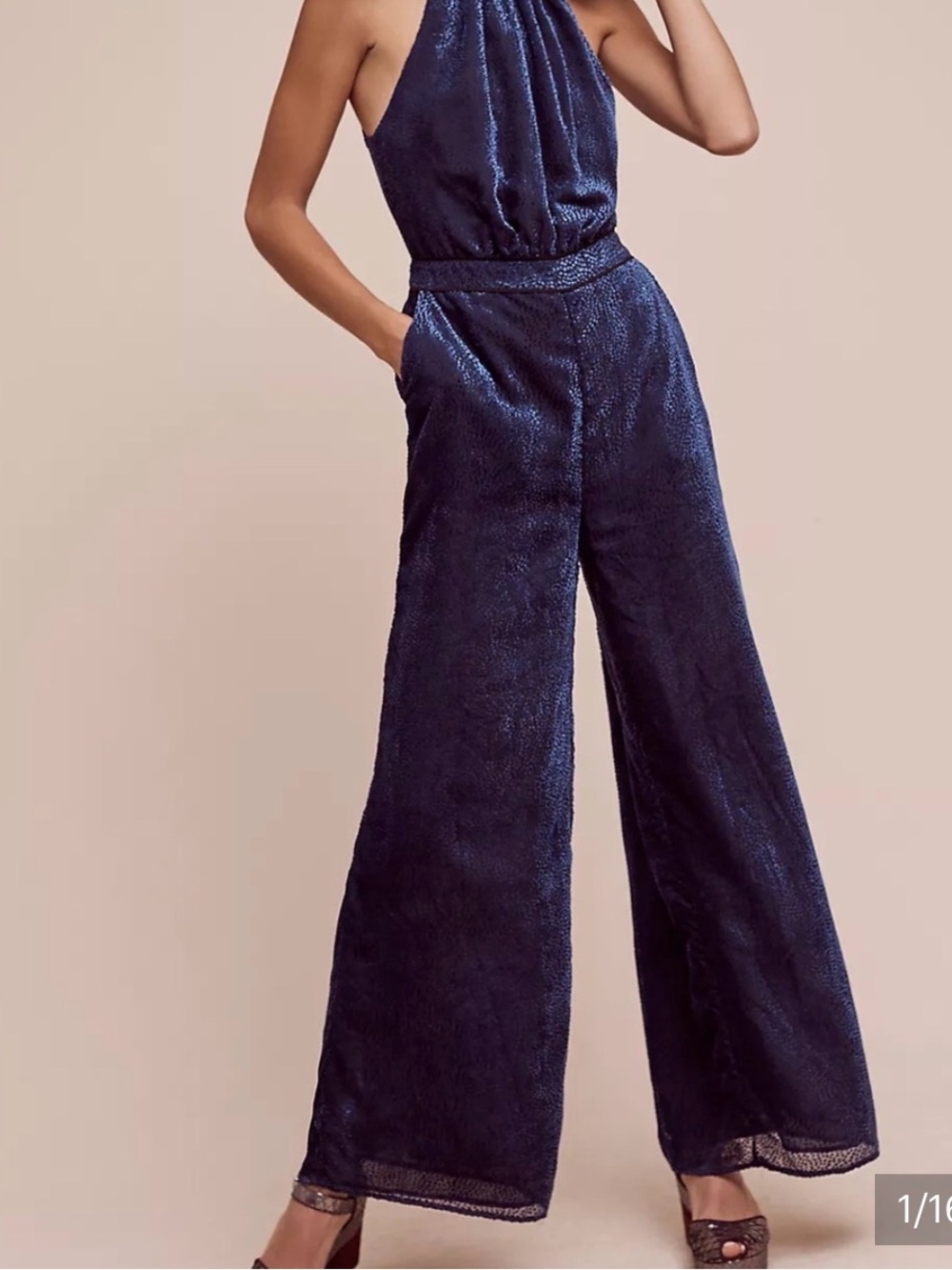 Anthropologie Elevenses Nova Velvet Elegant Navy Wide-Leg Jumpsuit - High Neck